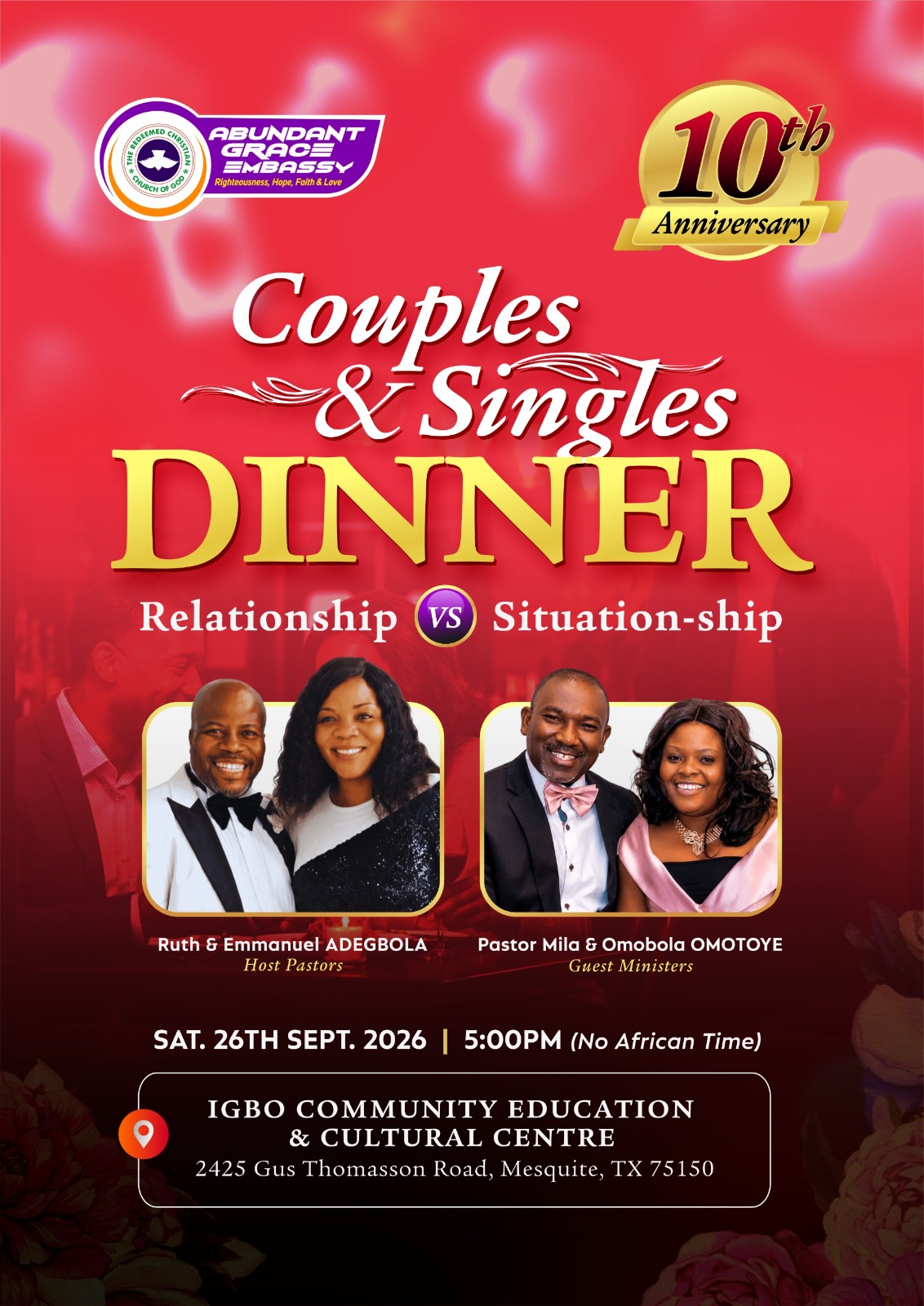 Couples and Singles Dinner official banner with date, time, ministers and Mesquite venue
