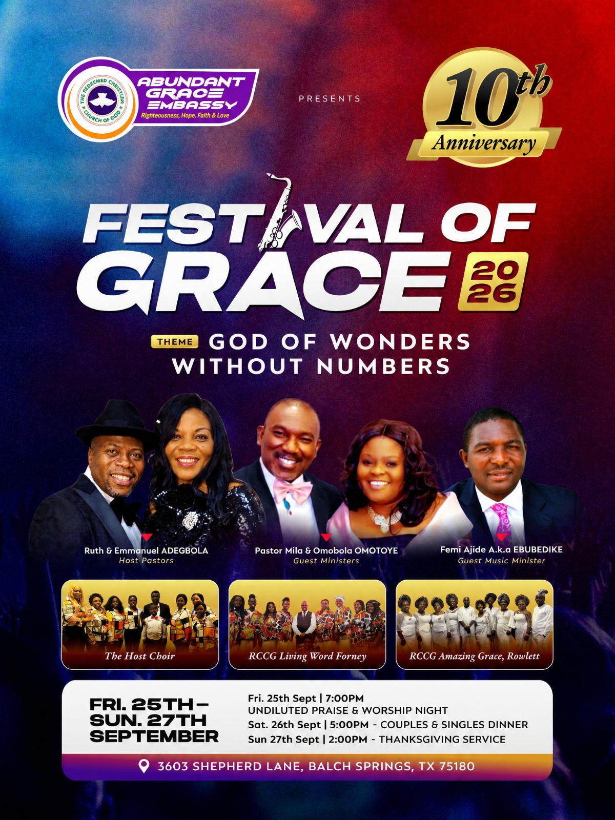 Festival of Grace 2026 official 10th anniversary banner with the full program and guests