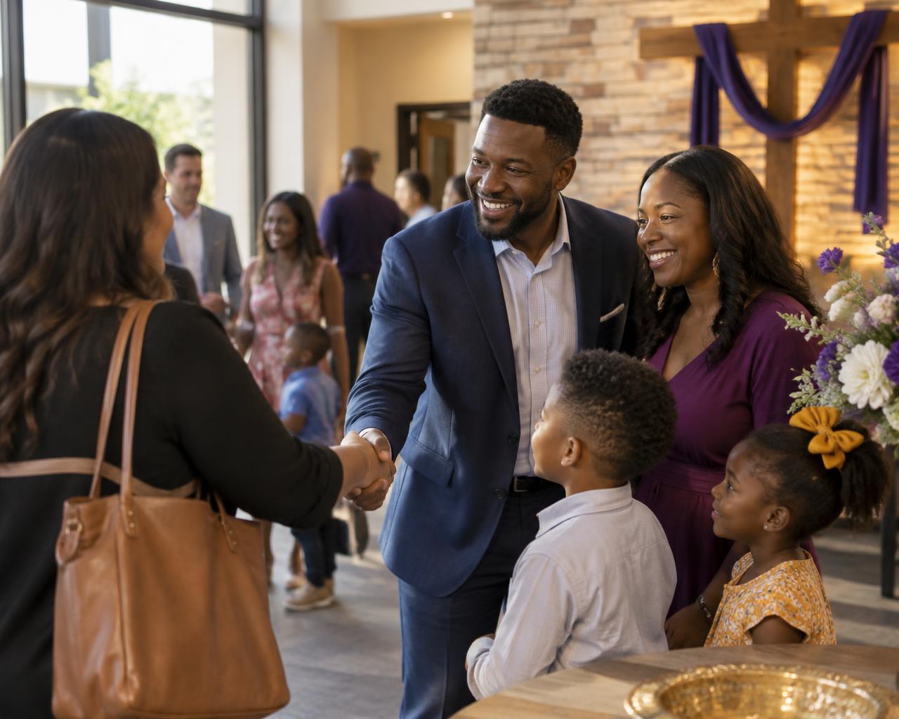 Church members warmly welcoming a visiting family