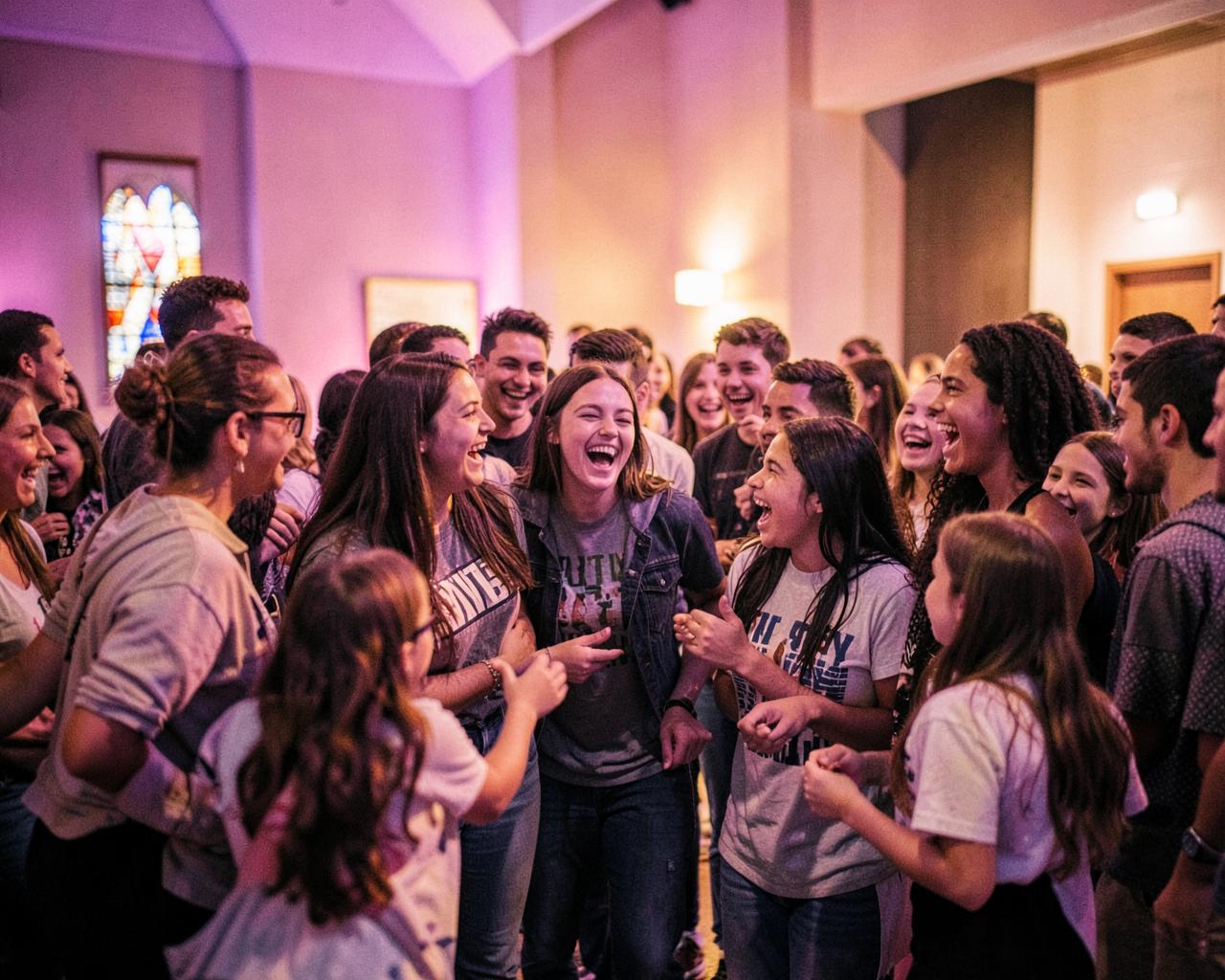 Young people laughing together at a youth gathering